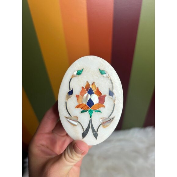 Stone marble with stone gemstone inlay floral design trinket dish jewellery box - Picture 2 of 7